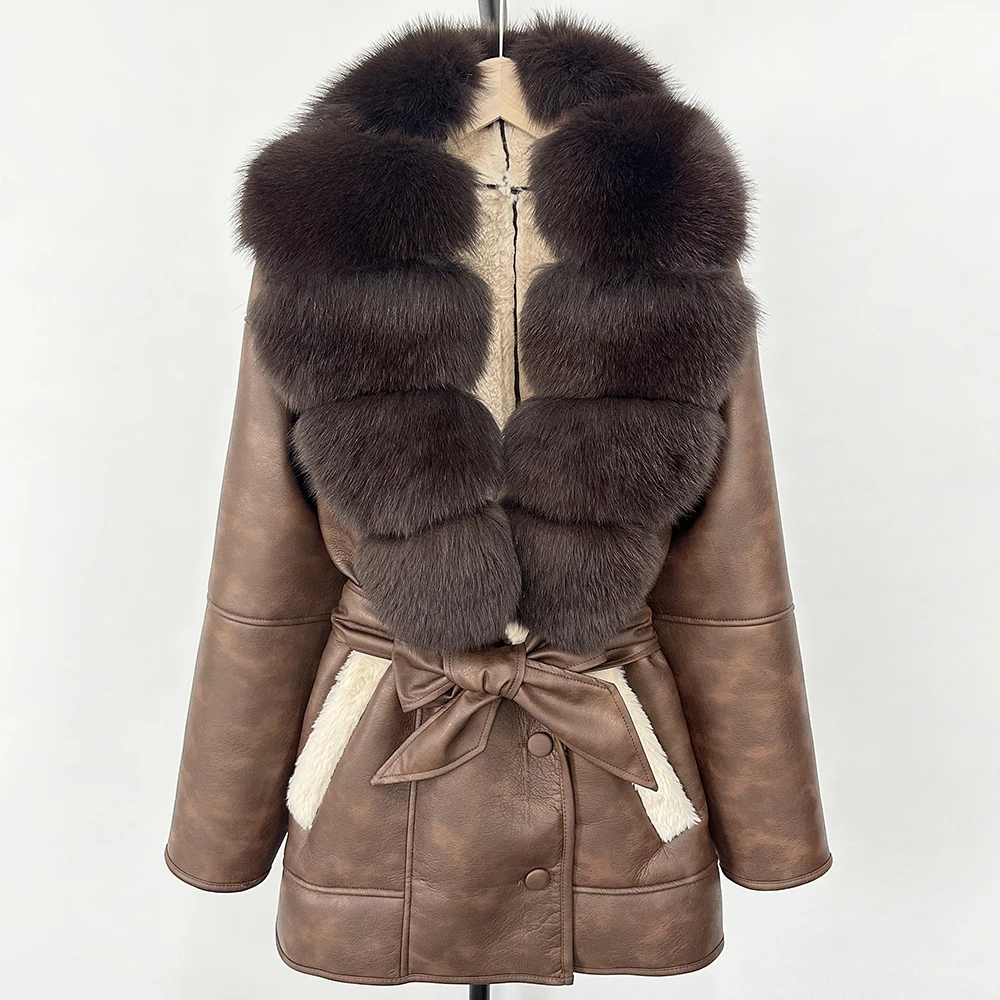 OFTBUY Echte Bontjas 2025 Vrouwen Grote Natuurlijke Vossenbontjas Dikke Warme Retro Lam Bont Jas Riem Winter Vrouwelijke Parka uitloper