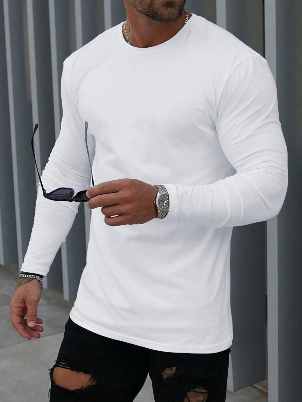 Einfarbiges, lässiges Langarm-T-Shirt für Herren mit Rundhalsausschnitt, lässiges, bequemes, hochwertiges Unisex-Fitness-T-Shirt aus reiner Baumwolle