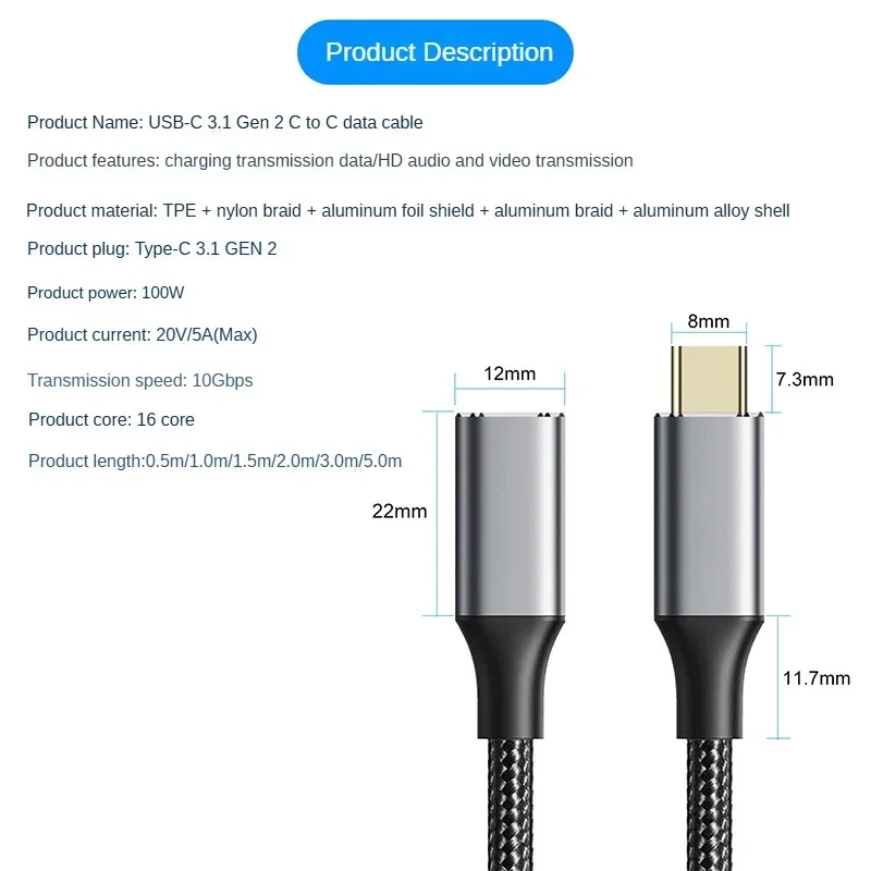 5A Type C Male Female 90 Angle Cable USB C Extension Cable Fast Charging USB Type C 3.1 PD100W Quick Charge With Corner Cables