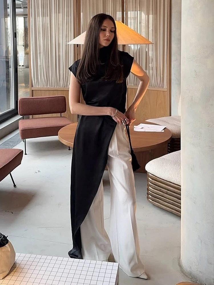 XIAOTANG Abito lungo sexy senza maniche irregolare per le donne Moda elegante dolcevita in raso solido Abiti lunghi slim Donna 2025