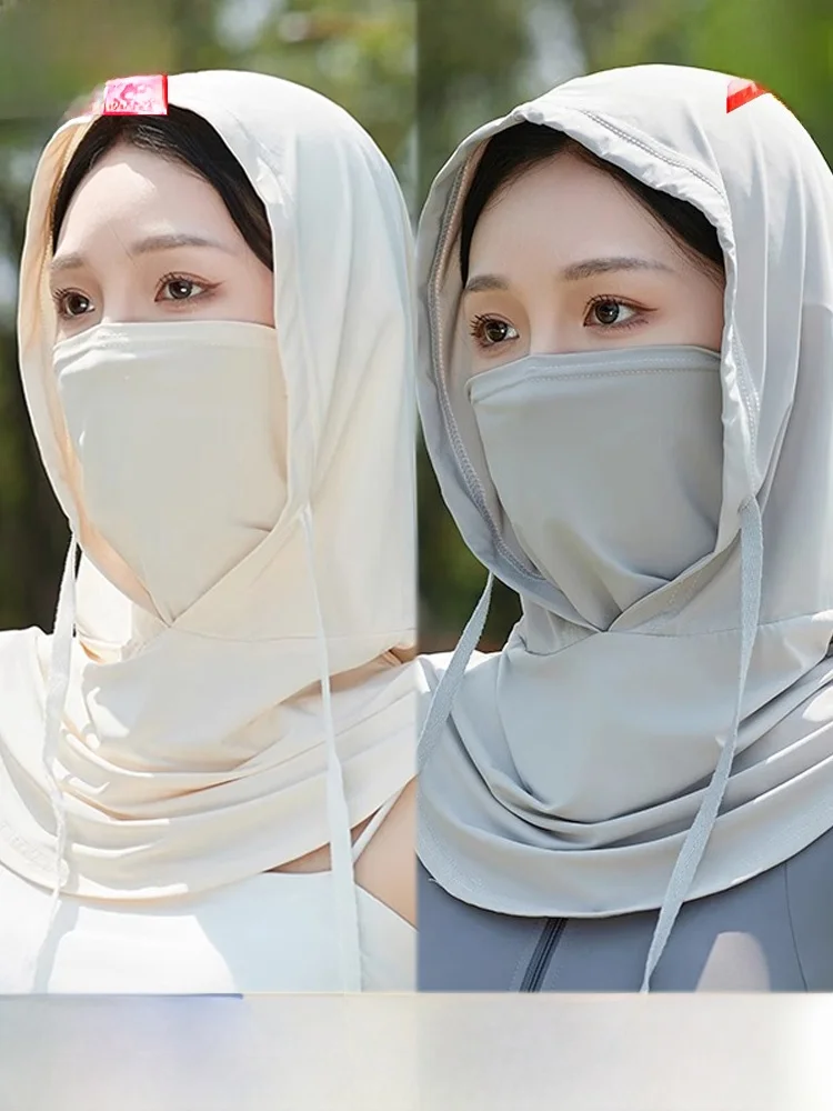 Women's Summer New Ice Silk UV Protection Face Mask Scarf Neck Protector Integrated Hat Breathable Sunscreen Accessory