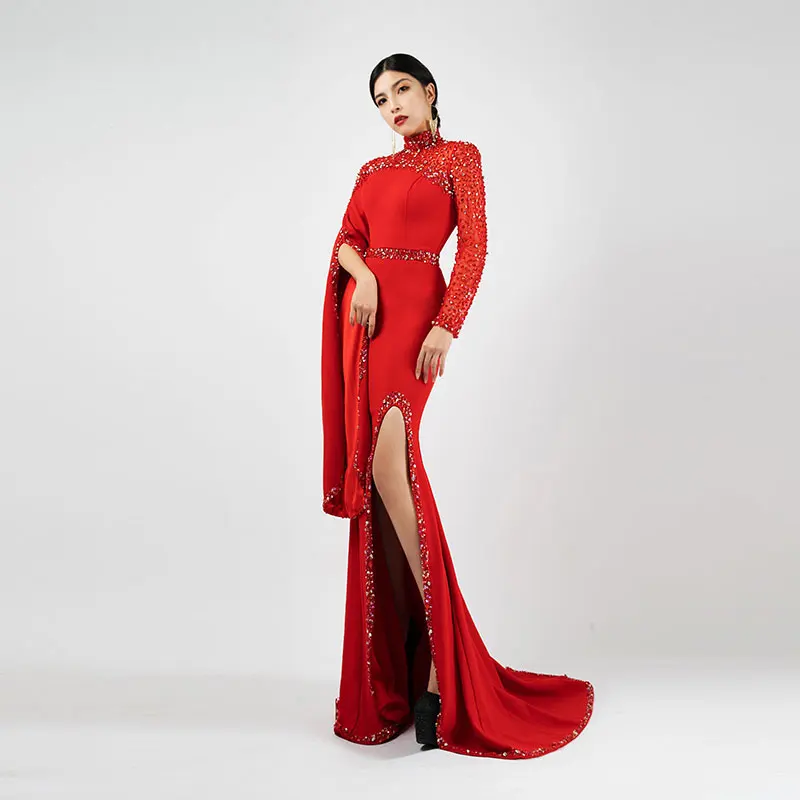 Bai Sha-vestido de noche rojo personalizado de lujo, Vestido largo con abertura, cuello alto, hecho a mano, cuentas, banquete, pasarela, espectáculo, baile de graduación, FF34