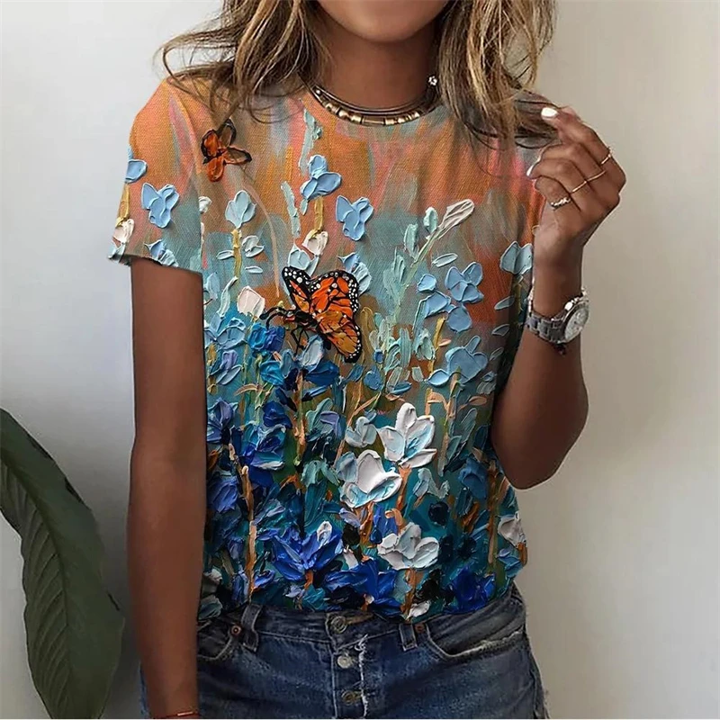 New T Shirt For Women's Clothes Fashion Tops For Woman 3D Flower Print Female Short Sleeve Summer Women's T-shirt Plus Size Tees