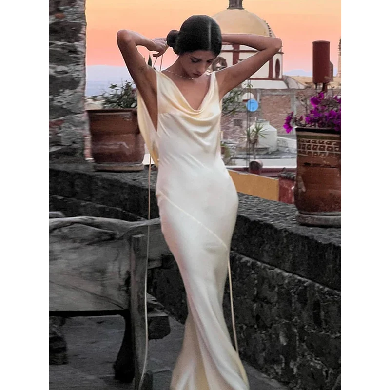 Bonny cinta de espaguete sexy sem costas cetim deslizamento maxi vestido para mulheres roupas de moda sem mangas vestidos longos roupas