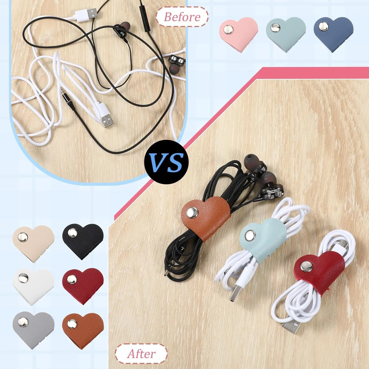 Portable PU Leather Heart Cord Wraps Pack of 6, Multifunctional Wire Organizer Storage Straps, Protect Earphone, Earbud and USB Data Cables