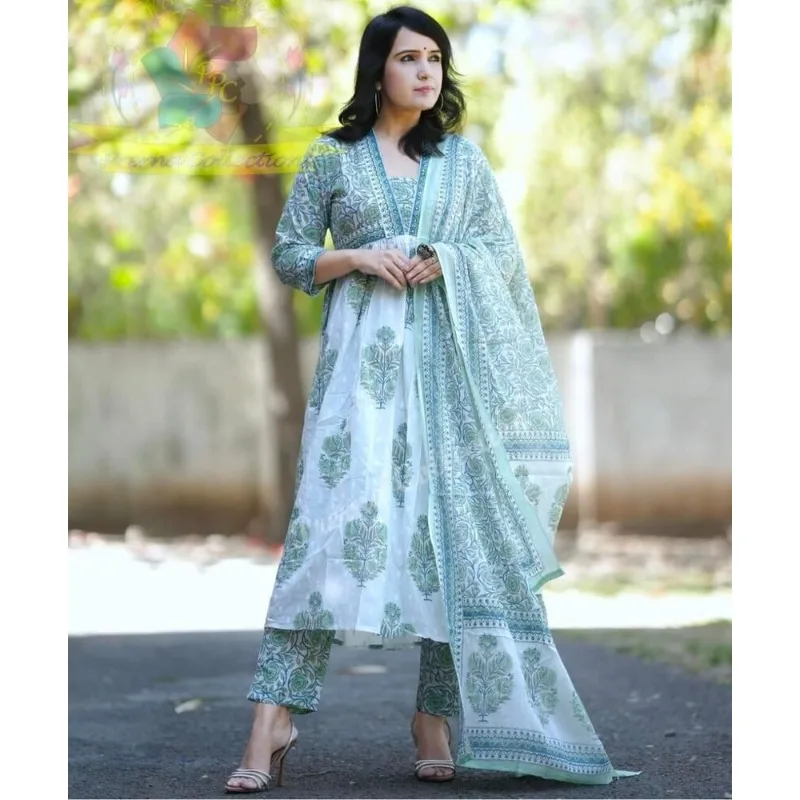 

Wedding Party Wear Women Anarkali Cotton Salwar Kameez Kurta Pant with Dupatta