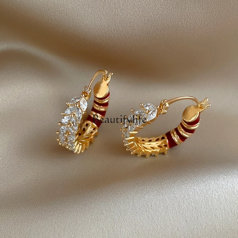 Light luxury temperament red drop glaze zircon earrings high-end fashion stud earrings