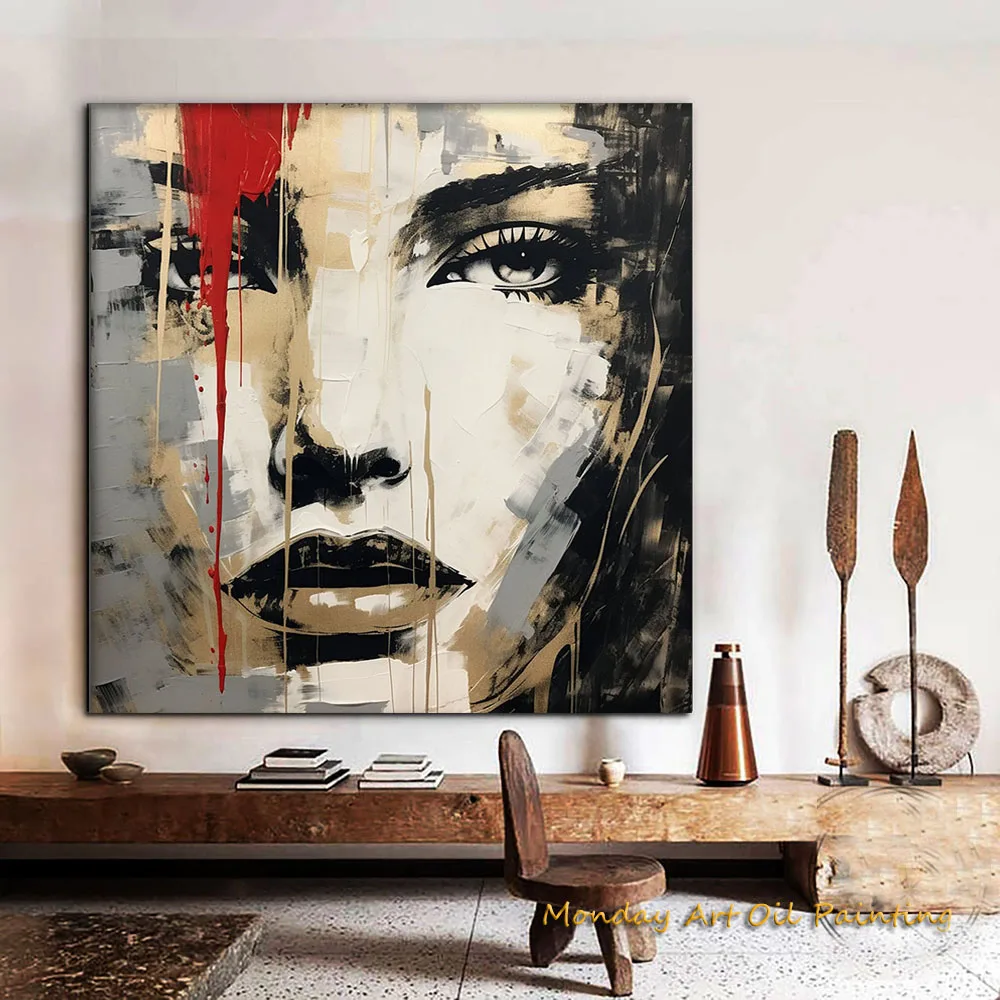 Hand Painted Woman Face Red Gray Gold Black Textured Acrylic Abstract Oil Painting Wall Decor Living Room Fedex Shipping Cost