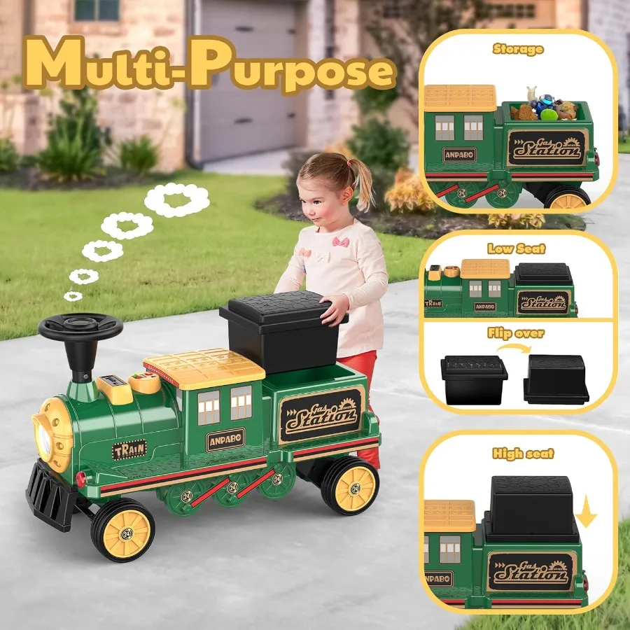 2-Seater Ride On Train Trackless, 12V Kids Car with Height-Adjustable Seat, Extra Storage, Headlight, (Carriage Not Included)