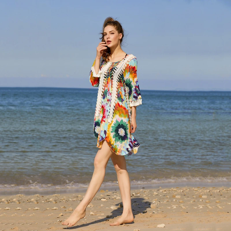 Colourful Print Bikini Cover Ups Women Summer 2023 Beach Dress Patchwork Hollow Out Crochet Wave Hem Loose Long Cape Vestido