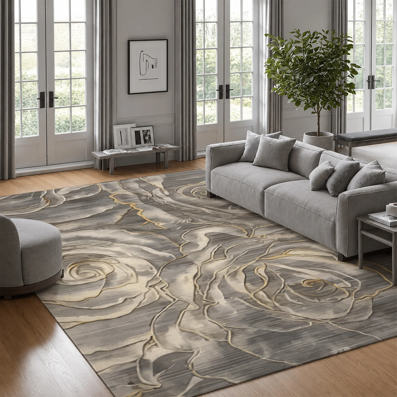 Large Indoor Area Rug: Soft Velvet Low Pile with Non-Slip Dotted Backing, Machine Washable, Elegant Grey Gold Rose Floral Pattern for Living Room, Bedroom, Home Decor