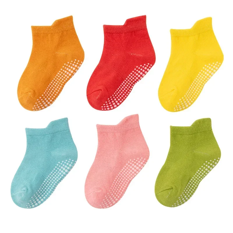 6 Pairs/lot 0 to 6 Yrs Cotton Children\'s Anti-slip Boat Socks For Boys Girl Low Cut Floor Kid Sock With Rubber Grips Four Season