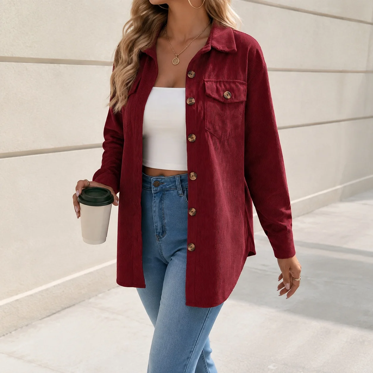 Loose Fit Long Sleeve Coat with Pocket Single Breasted Multi Button Winter Patchwork Lapel Collar Mid Length Casual Women Jacket
