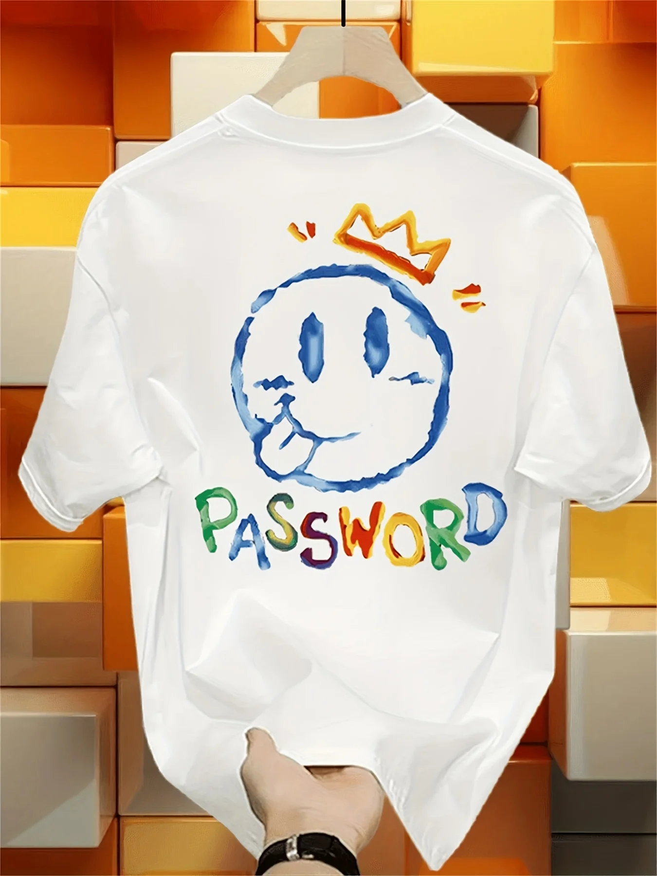 Pass Word Smiley Face Printed Short Sleeved T-shirt for Men and Women, Abstract Street Style Fashion Half Sleeve