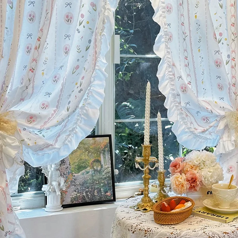 Idyllic French Retro Flowers Door Curtains Cloth for Living Room Floral Warp Ruffled Curtains for Kitchen Sweet Curtains #A641