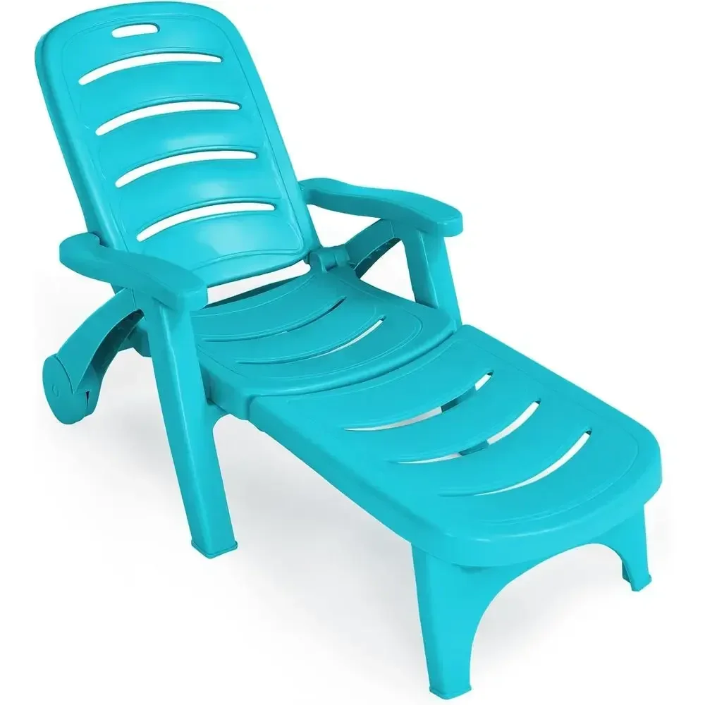 Adjustable 5-Position Plastic Outdoor Chaise Lounge Chair with Wheels, Turquoise