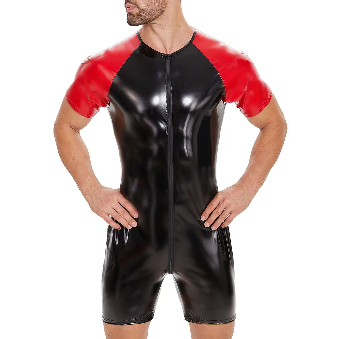 

Men's PVC Leather Wet Look Bodysuit Zipper Open Crotch Shiny Latex Jumpsuit Clubwear Short Sleeve Slim Leotard One Piece Catsuit