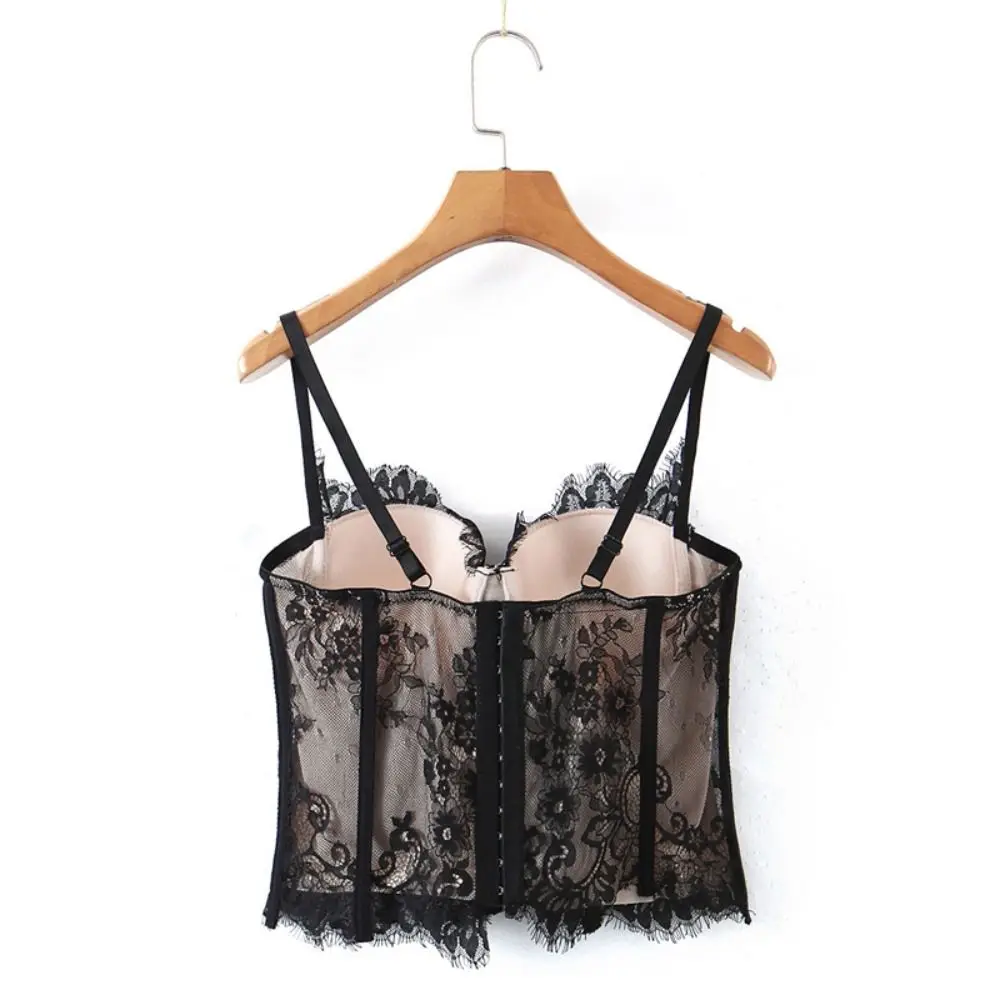 Elegantes, hohles Spitzen-Camisole, schmal geschnitten, transparentes Crop-Top, ärmellos, Streetwear, Trägerweste, für Reisen – Detail 8