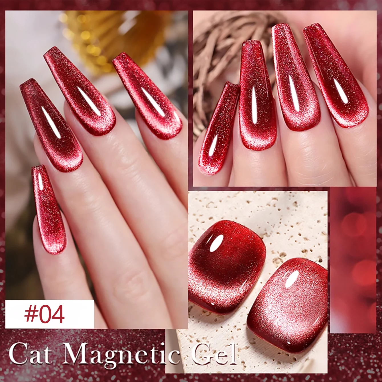 1 pz TC Natale Popolare Rosso Scintillante Occhio di Gatto Gel Smalto per unghie Sbiancamento Pietra Preziosa Scintillante Perle di Vetro Rosso Cat Eye Nail Art