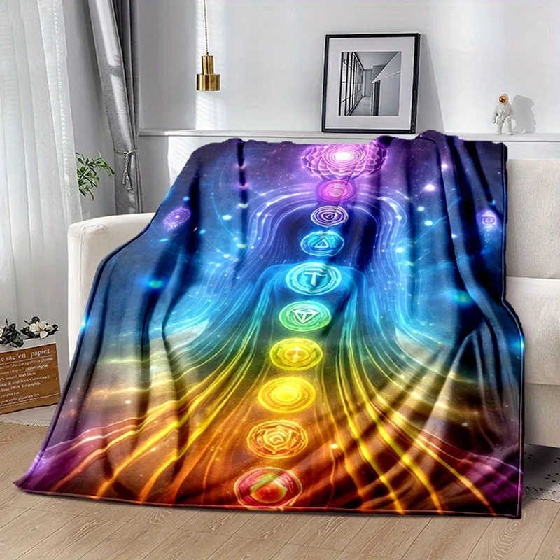 1pc Vibrant Chakra Meditation Flannel Blanket - Cozy, All-Season Plush Throw with Colorful Energy Centers Design for Home, Offic