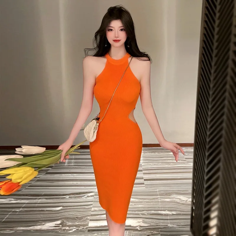 Sexy Hollow Out Waistless SLeeveless Sling Dresses for Summer Women' Dress 2024 New Korean O-neck Solid Midi Wrap Hip Knit Dress