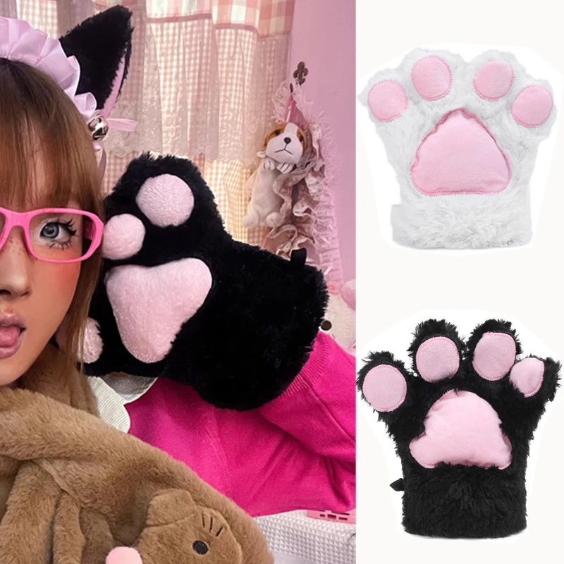 Cartoon Cute Cat Claw Paw Gloves Women Plush Mittens Warm Soft Plush Big Fingerless Fluffy Bear Cat Gloves Costume Half Finger