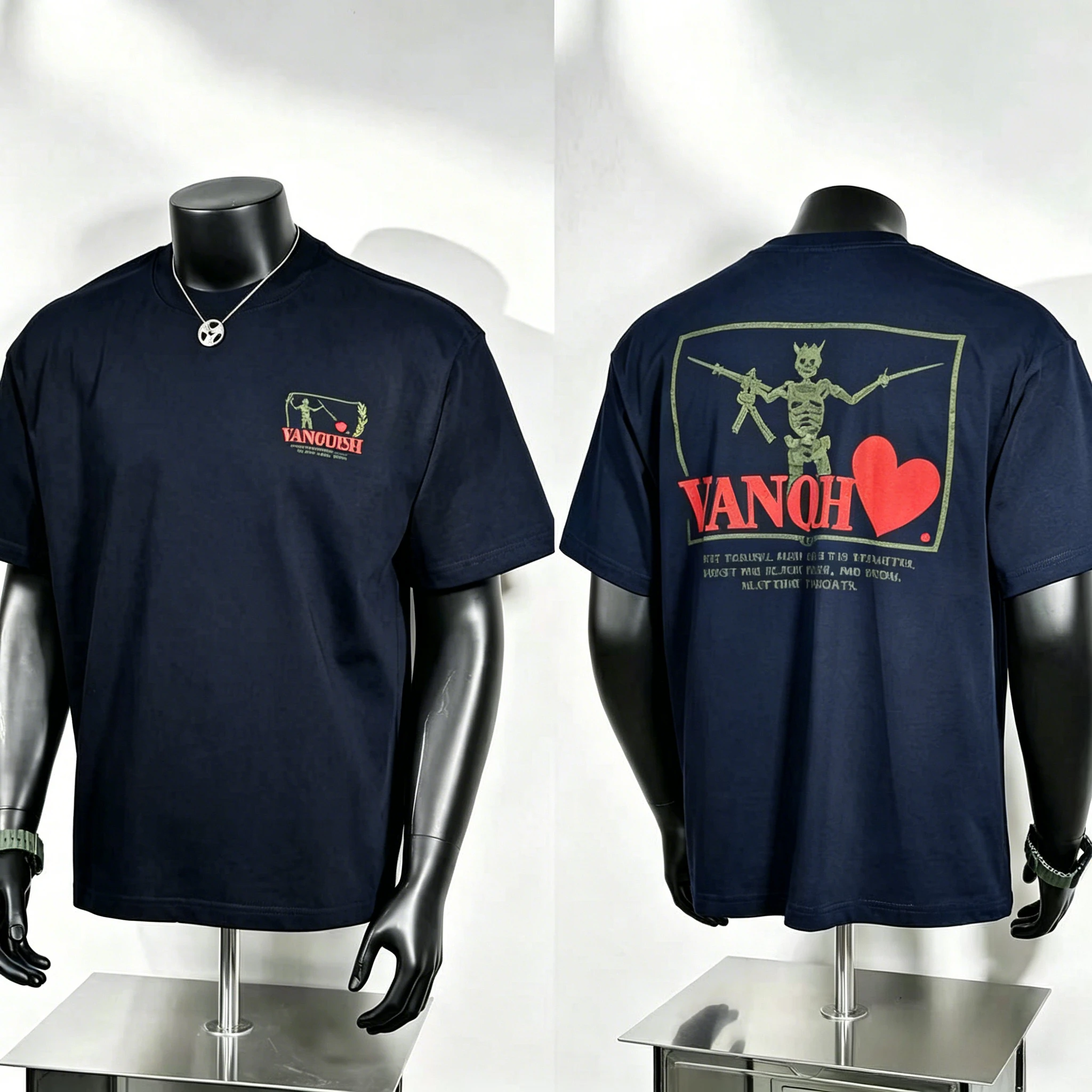 Vanquish Graphic T Shirt, Mini Laurel Emblem Chest Logo and Large Crown Skeleton Holding Gun Blade with Red Heart Back Print