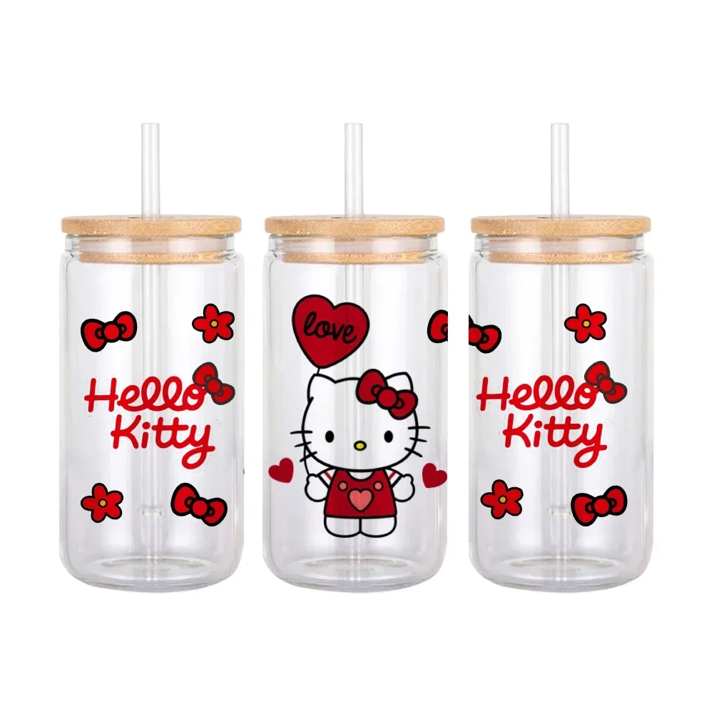 Mini Sanrio Hello Kitty Cartoon 16oz UV DTF Cup Wraps Transfer Sticker For Glass Libbey Can Bottle Selfadhesive Washable DIY