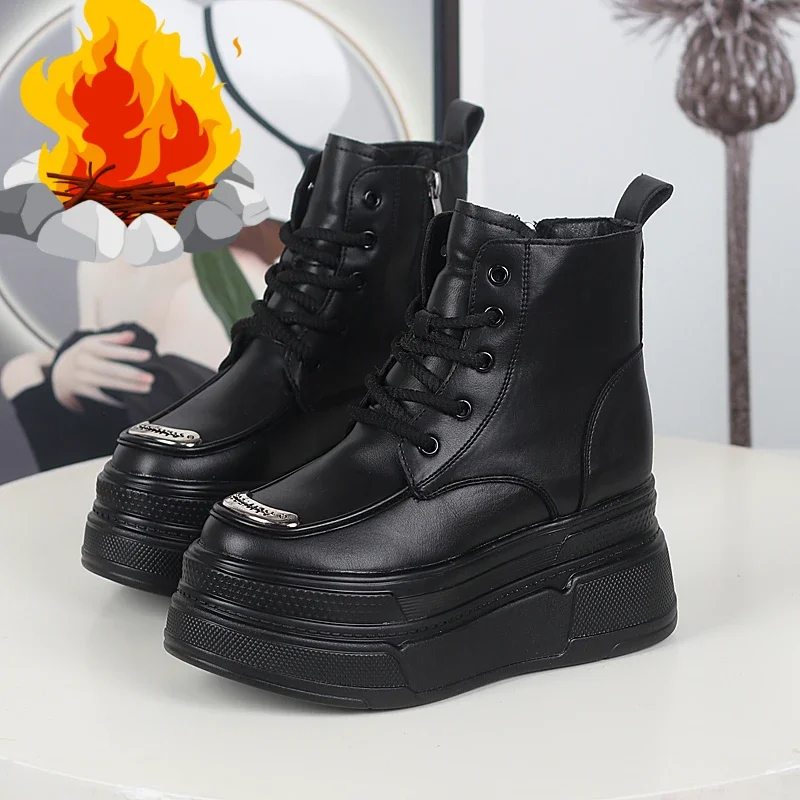 Damenstiefel, superhoher Absatz, 12 cm, erhöhte Höhe, Damen-Stiefel aus echtem Leder, dicker Boden,