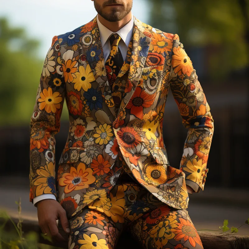 

New Design Mens 2 Piece Suit Sunflower Print Coat Top Two Buttons Casual Nightclub Fashion Slim Fit Suit No Slit No Tie