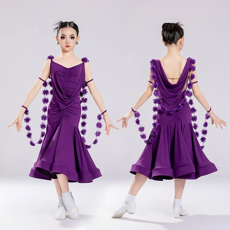 Modisches Ballsaal-Lateintanzkostüm für Mädchen, lila, lateinamerikanisches Tanzkleid für Wettbewerbe, Walzer, moderne Tanzkleider XS11385