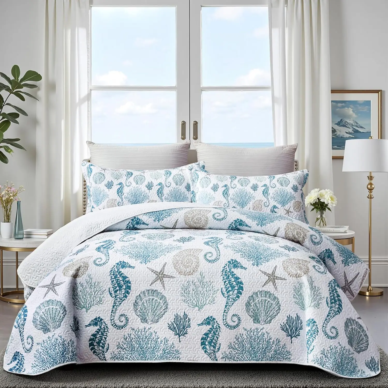California King Coastal Quilt Set with 2 Shams, Nautical Beach Comforter Blue Seahorse Coverlet Summer Bedding, 106''x118''
