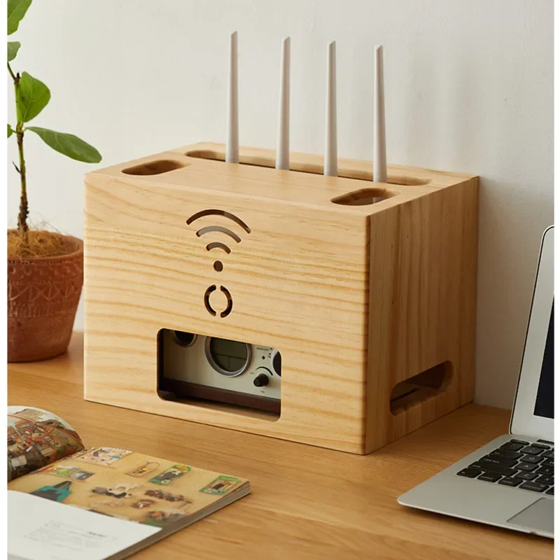 WiFi Router Storage Box Solid Wood TV Set Top Boxes Socket Wires Organizing Shelf Space Saving Wireless Living Room Organizer