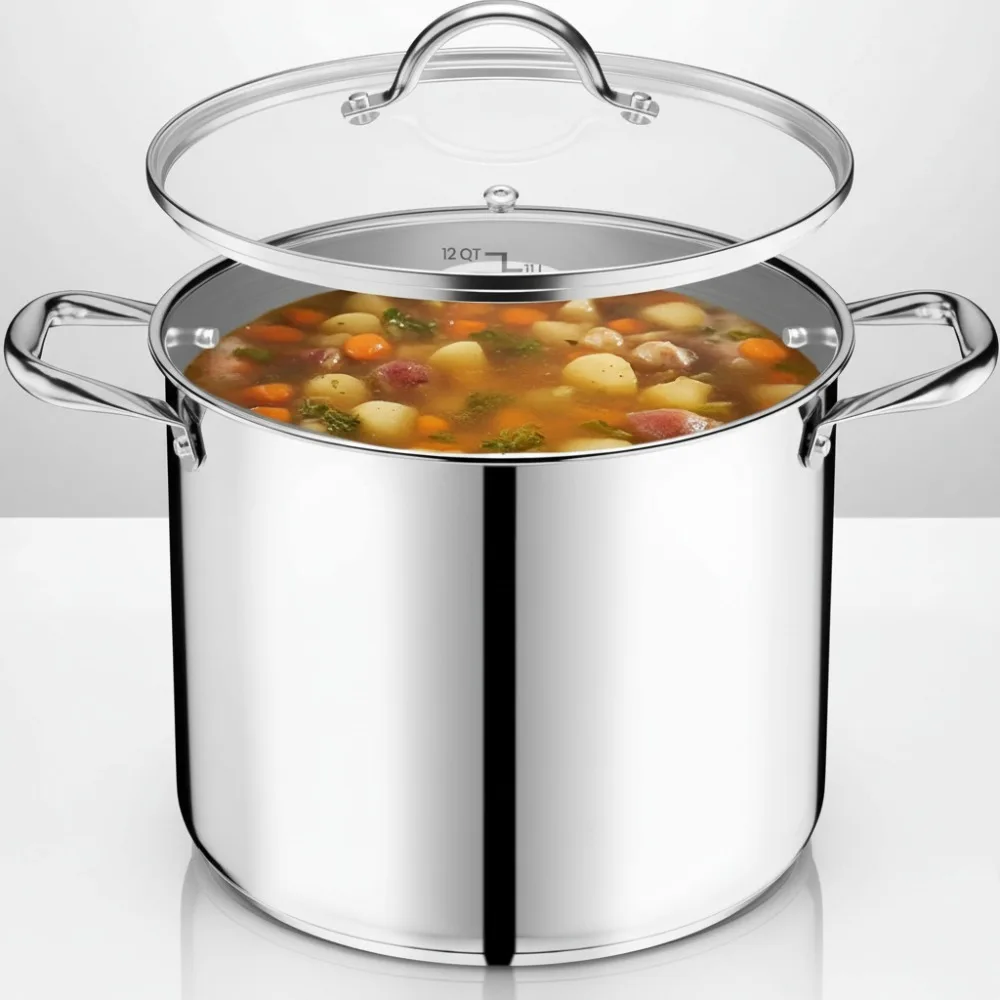 

Premium 12 Quart Stainless Steel Stockpot with Glass Lid - Even Heating, Oven Safe for Home Chefs