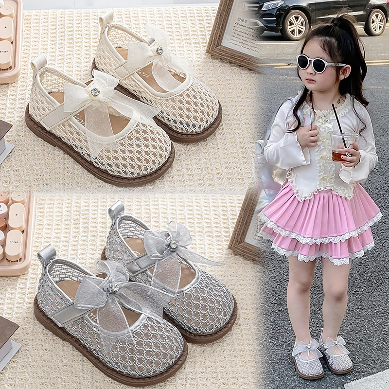 

Toddler Girls Mesh Sandals with Ribbon Bow 2026 New Summer Kids Beach Shoes Soft Sole Simple Princess Barefoot Party Dress Up