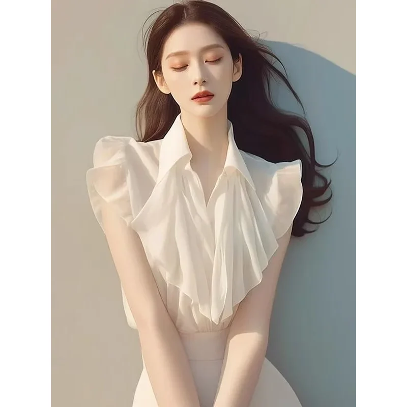 

Summer New White Ruffles Youth All-match Shirt Tops Short Sleeve Solid Pleated Korean Blouse Fashion Temperament Women Clothing