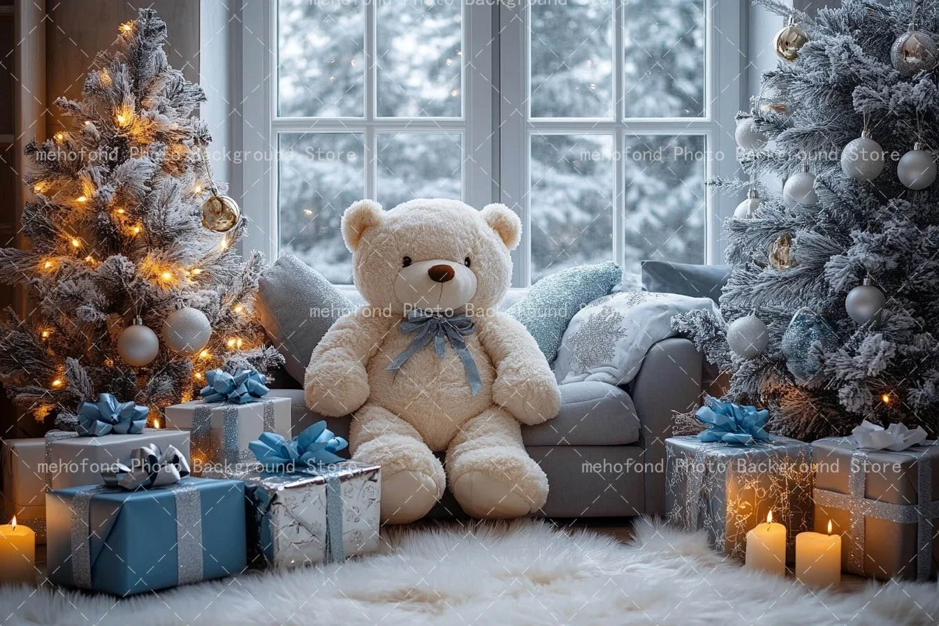 Mehofond Photography Background Christmas Trees Bear Candles Spherical Decorations Light Kids Family Portrait Backdrop Decor