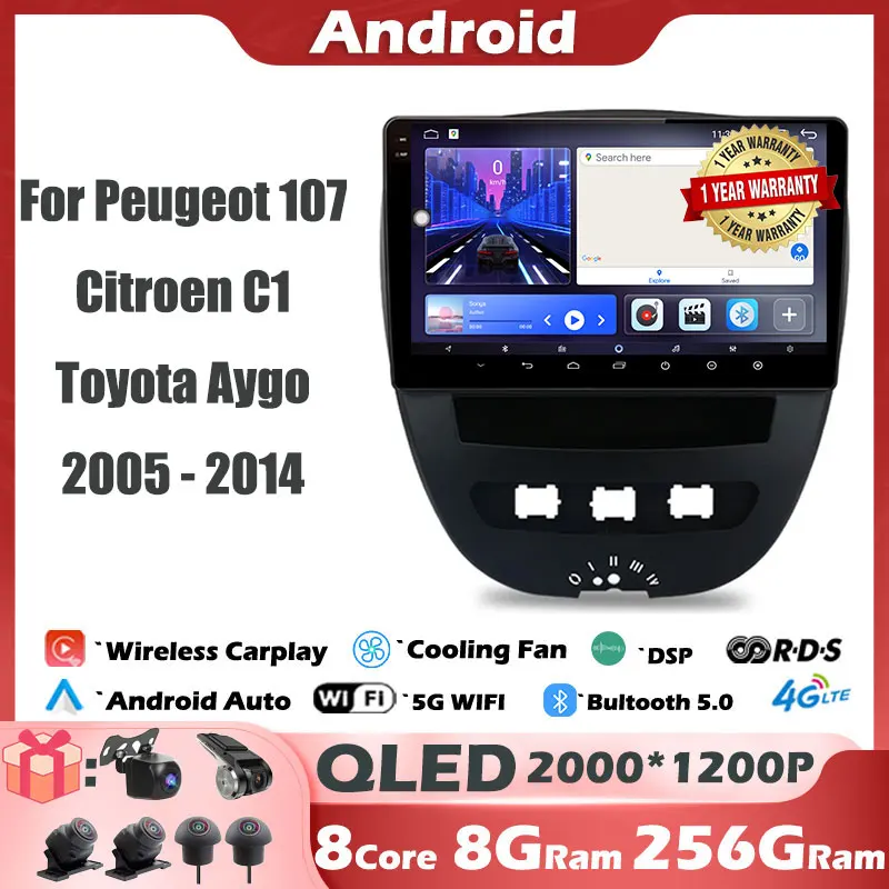 

Android 14 9'' IPS/QLED For Peugeot 107 Citroen C1 Toyota Aygo 2005 - 2014 Car Radio Multimedia Video Players CarPlay Carplay