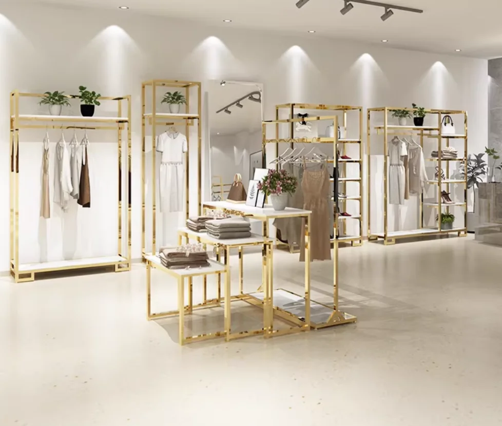 High-grade stainless steel titanium women's clothing store shelf display rack clothing store display floor shelf gold live