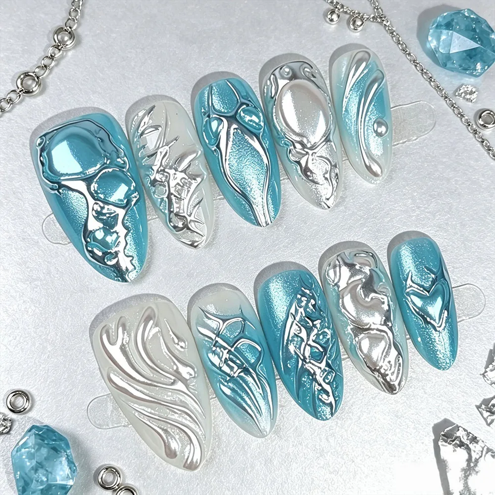 24Pcs 3D Silver Irregular Line False Nails Mid-length Blue Smudge Fake Detachable Nails Press on Bow Heart Almond Stick on Nail