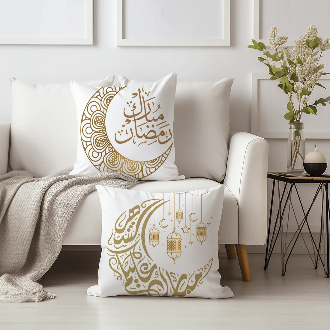 2Pcs Ramadan White Golden Star Moon Lantern Text Pillowcase - Double-Sided Printedfor Home Sofa Bedroom Decor