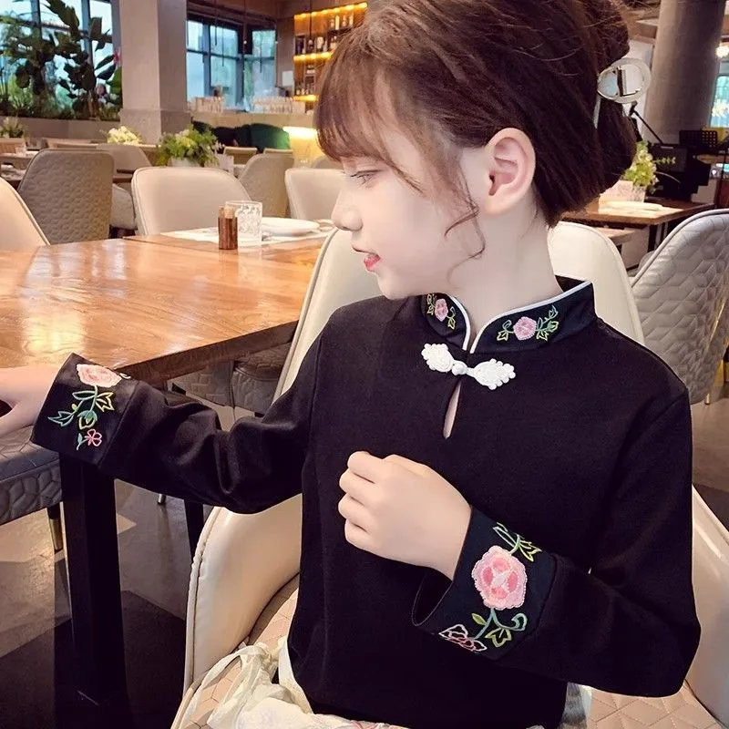 

3Colors Girls' Spring Clothing Ancient Top Coat Children's Improved New Chinese Top Girls' Chinese Style Long Sleeve Top LJ128