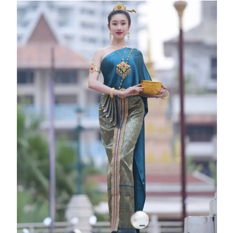 Thailand Traditional Clothing for Women Blouse Shawl Long Skirt Vintage Clothes Photography Catwalk Welcome Thai Costume Ladies