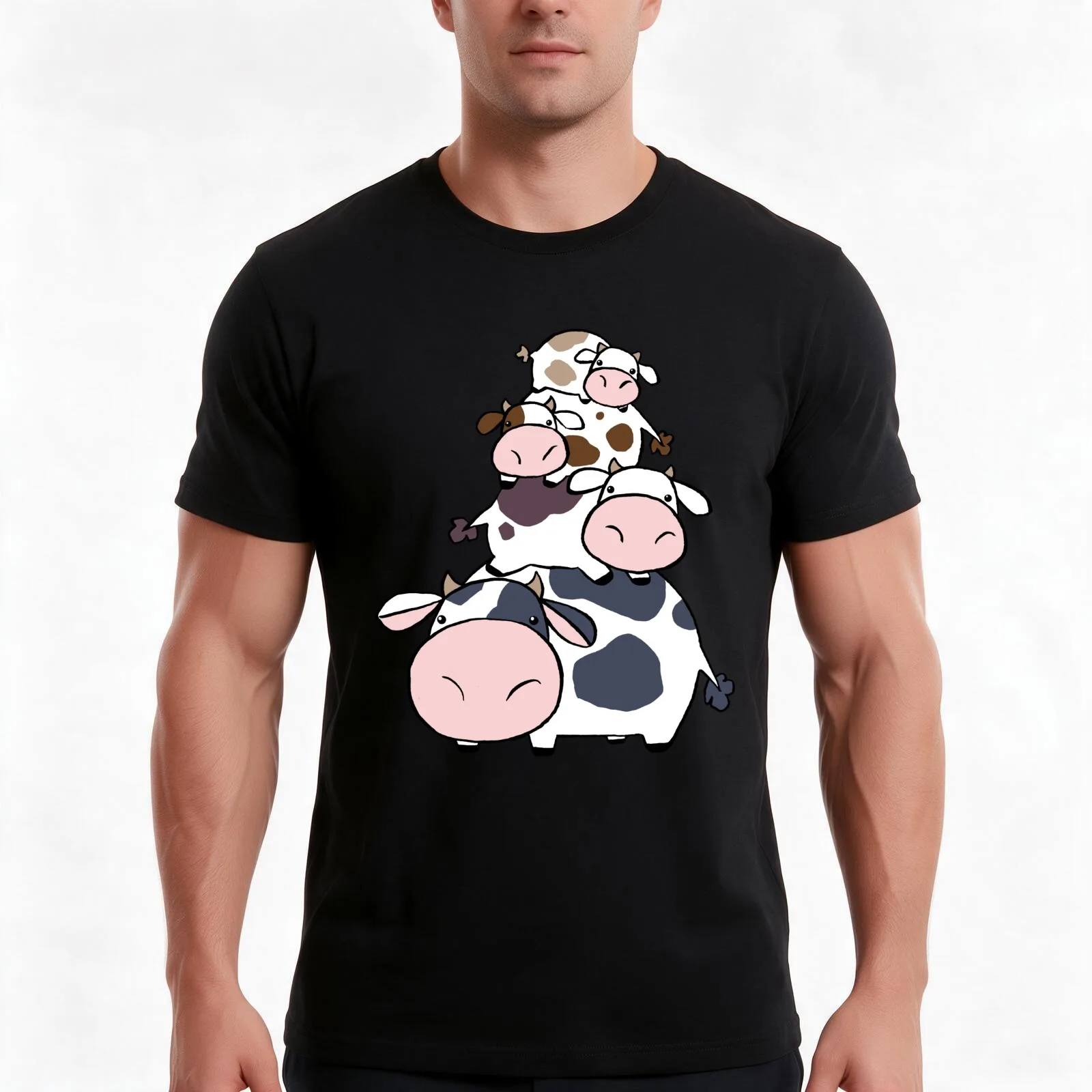 Cow Stack T-Shirt, Summer Casual Cotton Tee, Oversized Streetwear Tops, Vintage Graphic Print, Loose Fit Short Sleeve