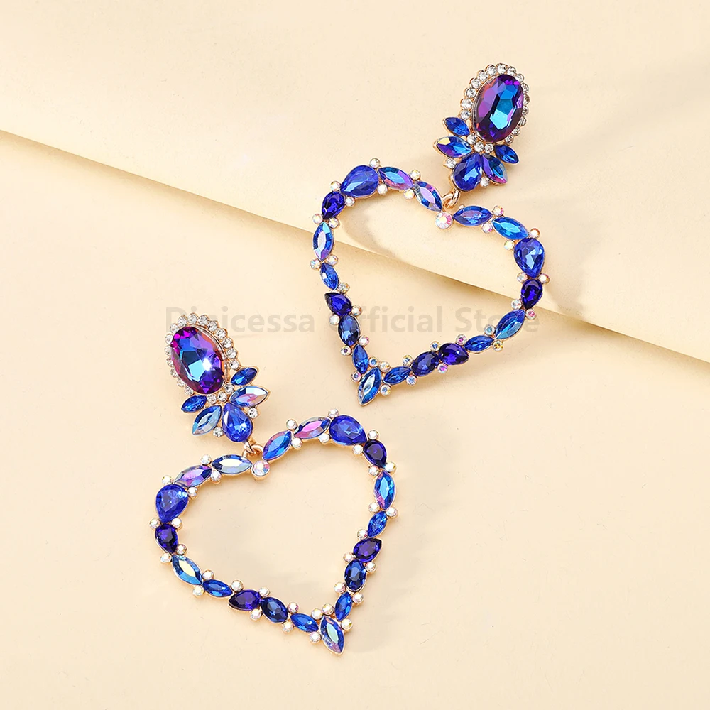 Korean Fashion Jewelry Shining Colorful Glass Hollow Heart Dangle Drop Earrings For Women Classic Vintage Statement Accessories