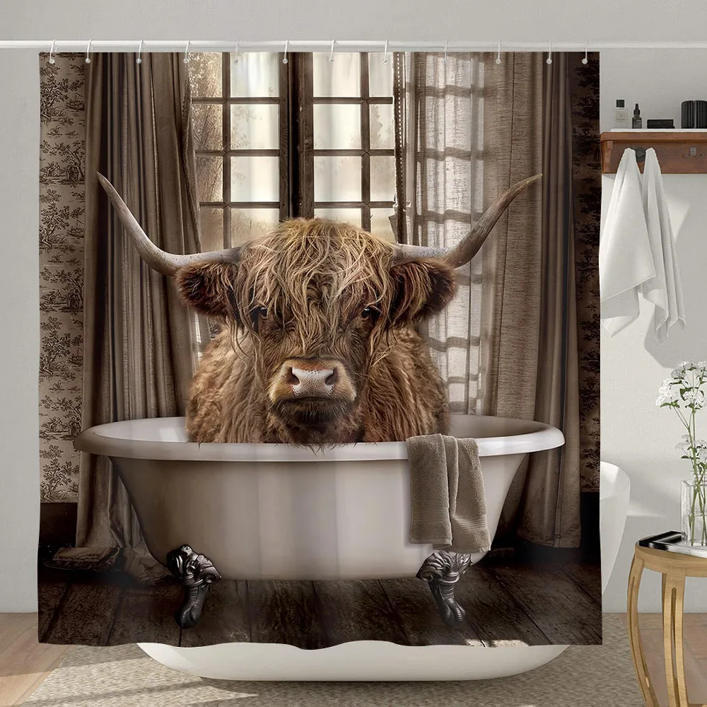 Funny Farmhouse Highland Cow Shower Curtain Vintage Western Bull Cattle Rustic Country Shower Curtains Funny Animals Bath Decor