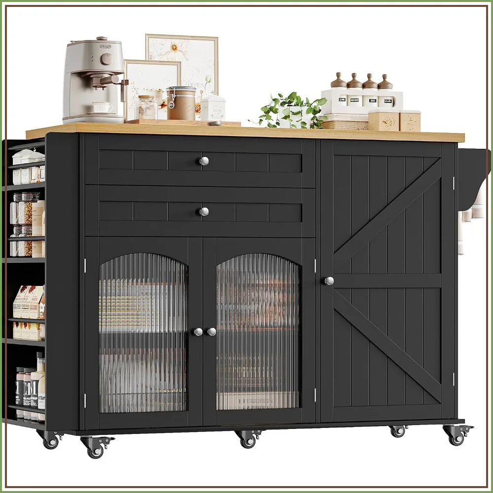 52 Inch Kitchen Island with Storage, Rolling Kitchen Cart on Wheels