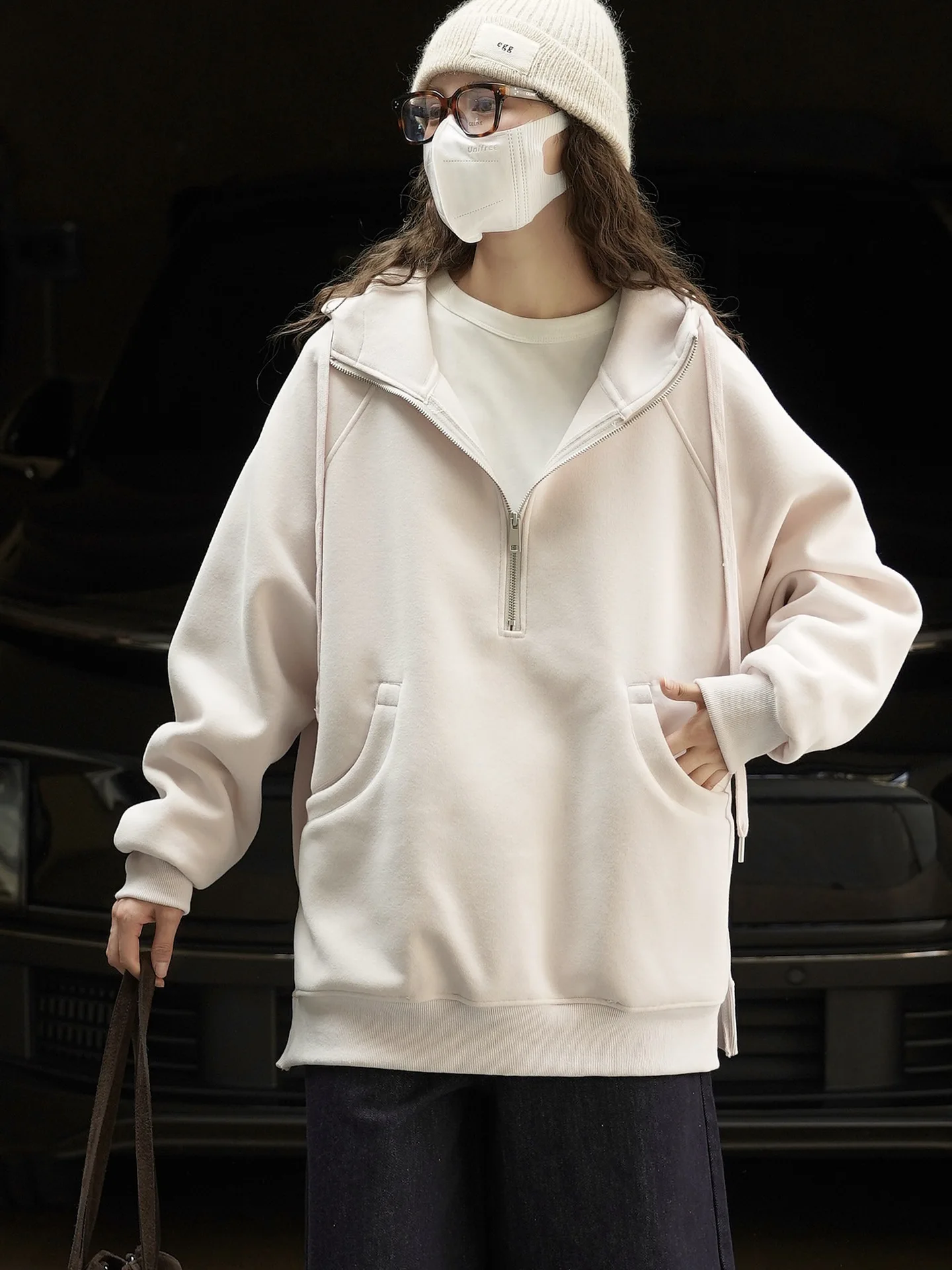 Moda Bai Dai media cremallera bolsillo curvo sudadera con capucha casual envejecido superior para mujeres