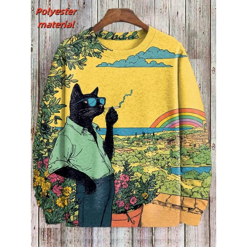 남성용 3D 인쇄 다채로운 고양이 운동복 레인보우 시골 패턴 후드 캐주얼 루즈 탑 라운드 넥 풀오버 streetwear