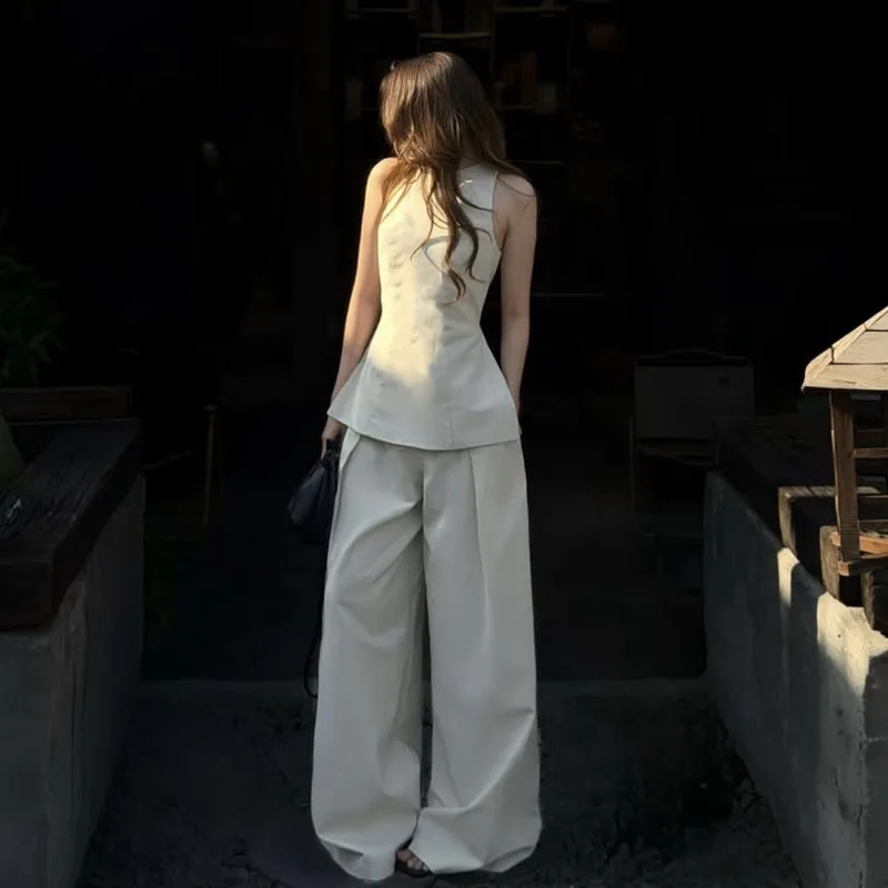 

KT Women's Cream Fitted Peplum Pantsuit, Sleeveless High Neck Top & High-Waist Wide Leg Trousers, Perfect for Events